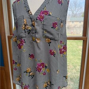 Torrid Black and White Striped Blouse with Floral Accents